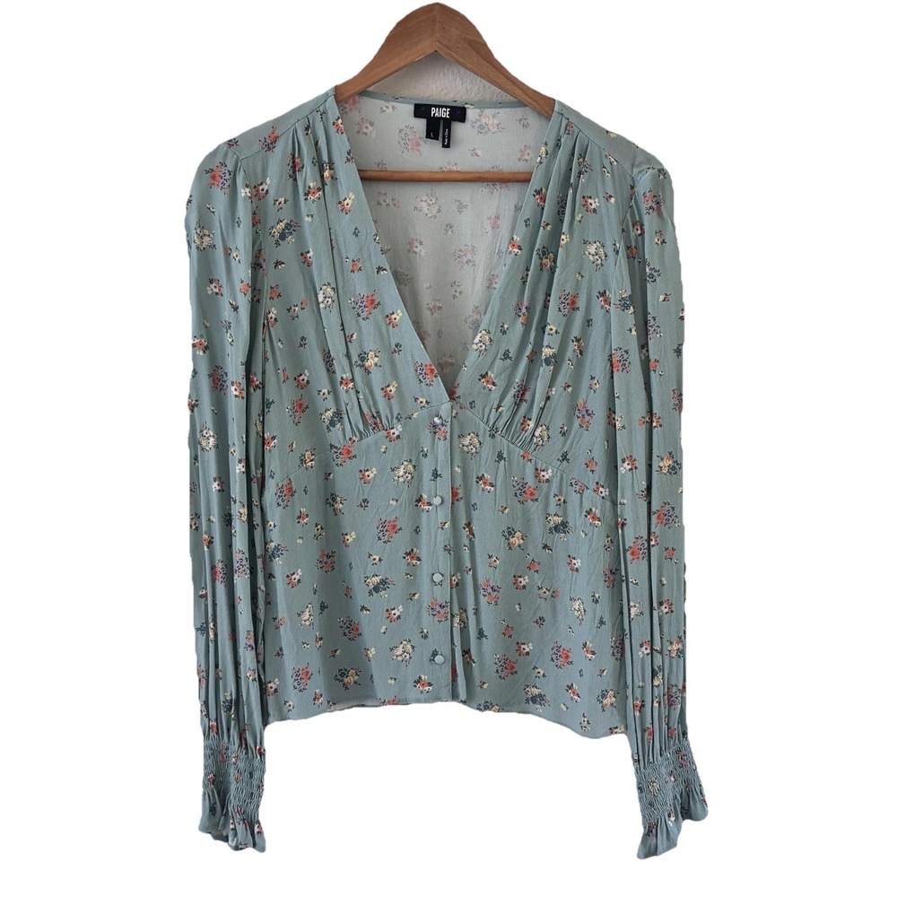 Paige Floral Button Front Blouse Top Womens Size L Mint Multi Smocked Cuff